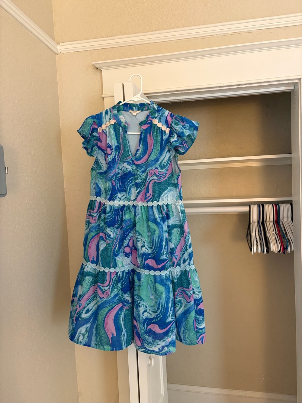 Entro Blue & Pink Swirl Ruffle Dress